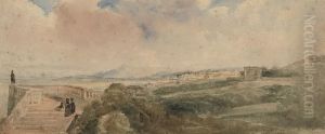 Figures Promenading On A Terrace Overlooking An Extensive Continental Landscape by Peter de Wint