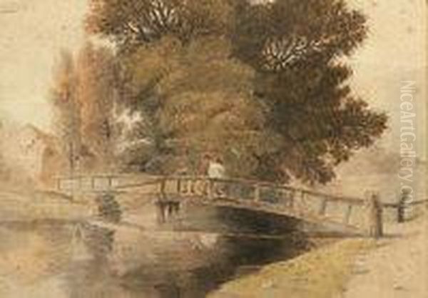 Figures On A Bridge In A Wooded River Landscape - view 1