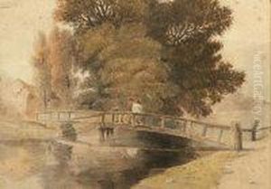 Figures On A Bridge In A Wooded River Landscape Figures On A Bridge In A Wooded River Landscape