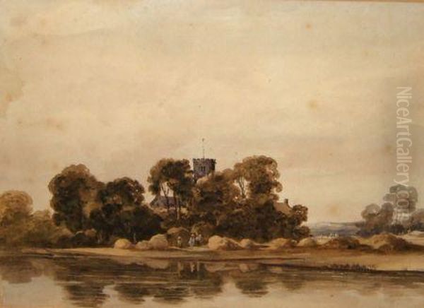 Figures In Harvest Fieldby River And Church - view 1