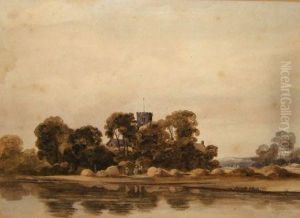 Figures In Harvest Fieldby River And Church by Peter de Wint
