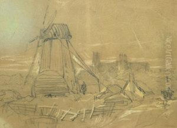 Study Of A Windmill With A
Castle In The Distance; Pencil And Coloured Chalk On Buff Paper - view 1