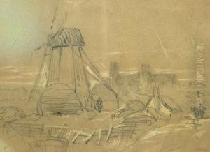 Study Of A Windmill With A
Castle In The Distance; Pencil And Coloured Chalk On Buff Paper by Peter de Wint