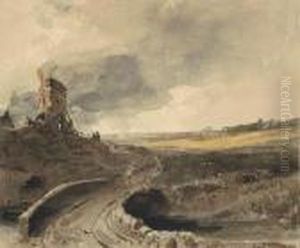 A Bridge Over A River With A Windmill Beyond, Lincolnshire by Peter de Wint