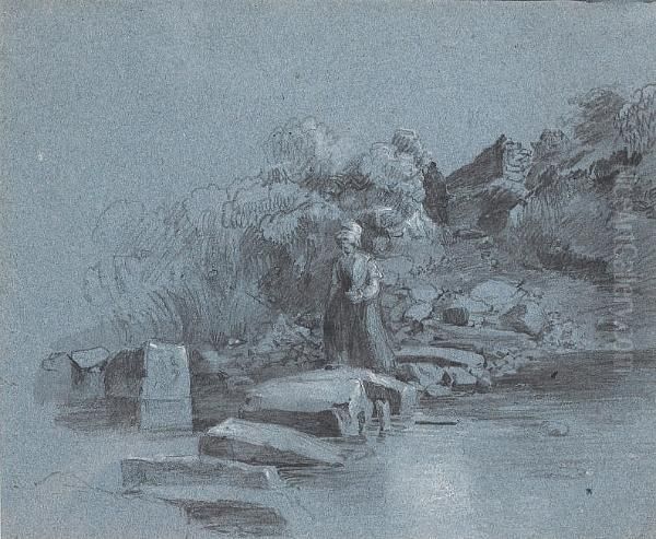 A Woman Crossing A Stream - view 1