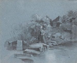A Woman Crossing A Stream A Woman Crossing A Stream