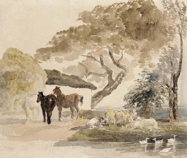 Horses And Sheep By A Farm Pond - view 1
