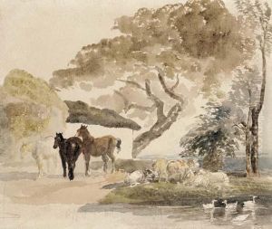 Horses And Sheep By A Farm Pond by Peter de Wint