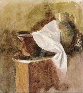 Still-life Of Earthenware Pots And Linen