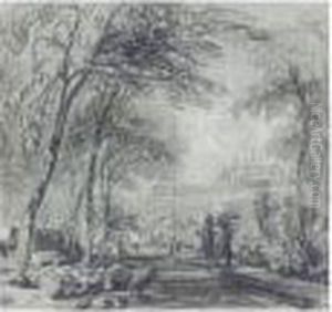 Figures On A Wooded Track, Lincoln Cathedral Beyond by Peter de Wint