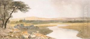 Sheep By A Meandering River, Churches And A Bridge Beyond Sheep By A Meandering River, Churches And A Bridge Beyond