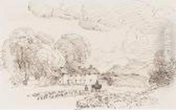 Shepherd With A Flock Of Sheep By A Cottage - view 1