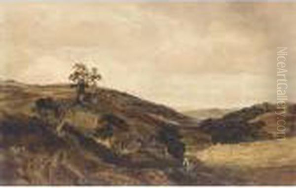 Figures On A Path By A Cottage With Harvesters Working In The Fields Beyond, Welby - view 1