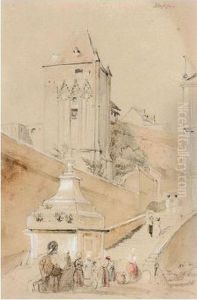 Figures On A Street By The Church Of St Jacques, Dieppe by Peter de Wint