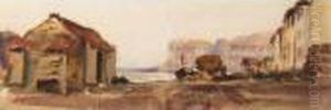 Cottages On The Beach, Cliffs Beyond by Peter de Wint