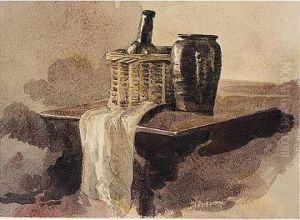 Still-life With A Basket, Wine Bottle, Vase And Cloth by Peter de Wint