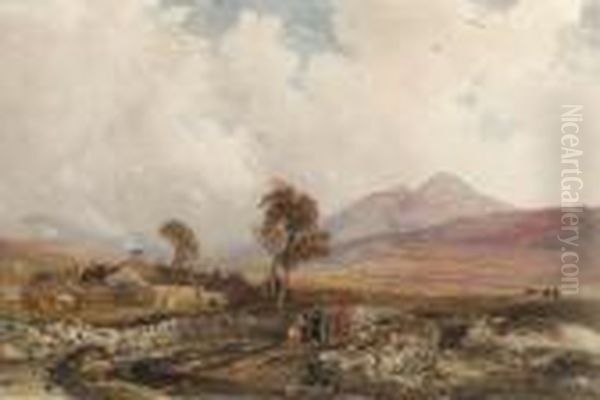 An Extensive Landscape With Figures On A Track And Buildingsbeyond, Wales - view 1