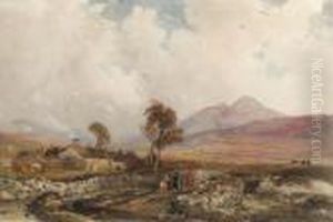 An Extensive Landscape With Figures On A Track And Buildingsbeyond, Wales by Peter de Wint