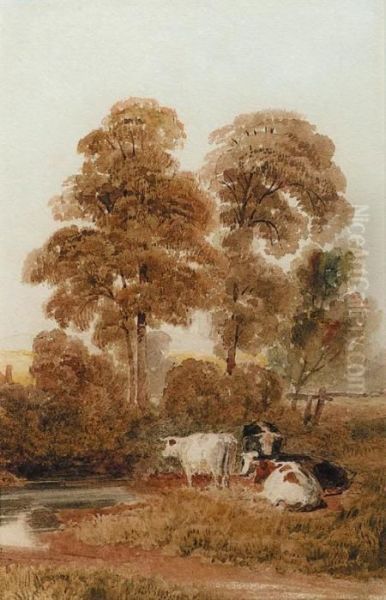 Cattle By A Stream In A Wooded Landscape, Near Cookham,berkshire - view 1