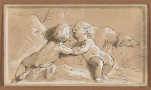 Two Playing Putti And A Dog