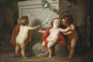 Putti Admiring A Bas-relief In A Garden by Jacob de Wit