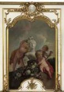 Putti Decorating A Sculpture With Flower Garlands