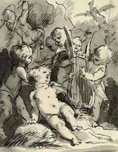Putti Playing A Lyre by Jacob de Wit