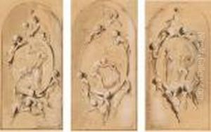 Drei Entwurfe Fur Ein Wandmedaillon Mit Verschiedenen Figuren, Von Putten Umgeben by Jacob de Wit