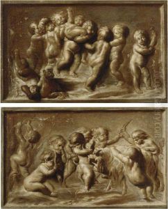 Putti With A Goat; Putti At Play: A Pair Of Trompe L'oeilterracotta Bas Reliefs by Jacob de Wit