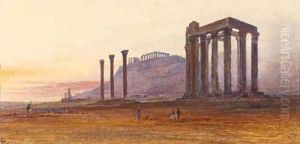 The Temple of Olympian Zeus, with the Acropolis in the distance, Athens, Greece by Edward Lear