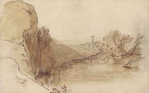 A ruined tower in a river landscape by Edward Lear