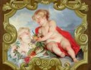Amorini Con Frutti E Fiori In Un Cartiglio Barocco Di Pietra Dipinto In Stile by Jacob de Wit