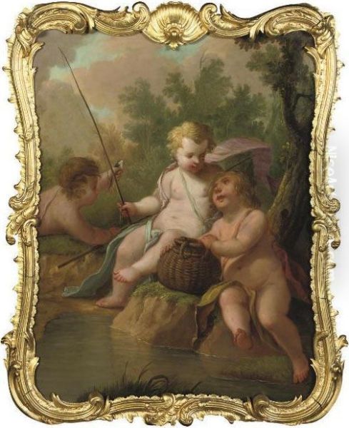 Three Putti Fishing In A Wooded Landscape - view 1
