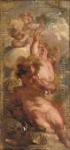 An Allegory Of Vanitas: Four 
Putti Blowing Bubbles, A Skull, An Artist's Palette And A Crown Nearby by Jacob de Wit