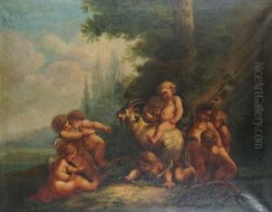 Putti Cavorting With A Goat In A Landscape by Jacob de Wit
