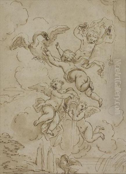 Group Of Putti Playing With A Duck - view 1