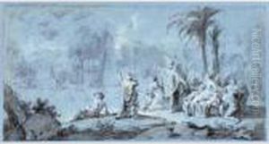 Two Oriental Scenes: A) Figures 
Looking Upwards In Astonishment At A Basket With Figures Pulled By 
Birds; B) A Presentation By A Dwarf And Another Figure, Both Standing On
 A Block