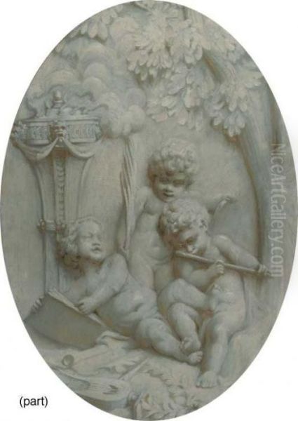 Putti Making Music, Putti Sleeping And Putti Making A Fire, Engrisaille: Overdoors - view 1