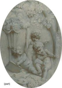 Putti Making Music, Putti Sleeping And Putti Making A Fire, Engrisaille: Overdoors by Jacob de Wit