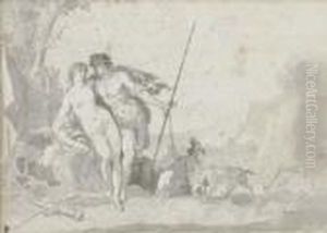 Venus And Adonis With Cupid In An Extensive Landscape by Jacob de Wit