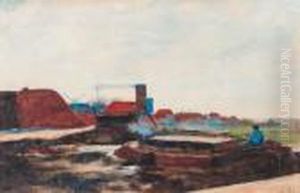 A Polder Landscape With A Barge On A Canal By A Village by Willem de Zwart