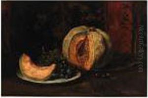 A Still Life With A Melon And Grapes On Pewter Plates by Willem de Zwart