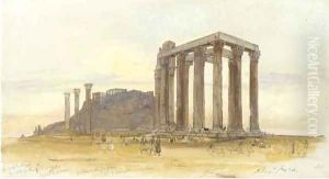 The Temple of Olympian Zeus with the Acropolis beyond, Athens by Edward Lear