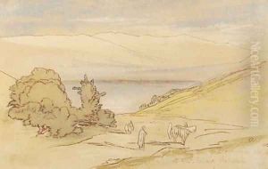 View of Lebanon, with a muleteer in the foreground and an extensive lake view beyond