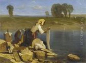 Laundresses By A Lake by Alexandre Gabriel Decamps