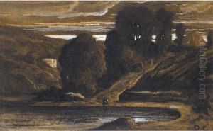 Paysage Avec Un Lac Entoure D'arbres by Alexandre Gabriel Decamps