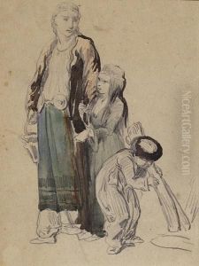 Greek Mother And Daughter Passing Young Boy Gathering Firewood Greek Mother And Daughter Passing Young Boy Gathering Firewood