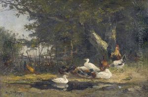 Weiher Mit Enten Und Huhnerschar. by Alexandre Defaux