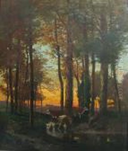 A Wooded Grove With A Cowherd And Cattle Resting By A Stream - view 1