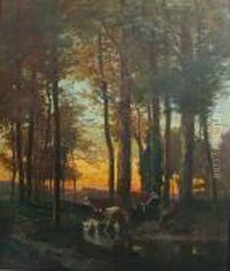 A Wooded Grove With A Cowherd And Cattle Resting By A Stream by Alexandre Defaux